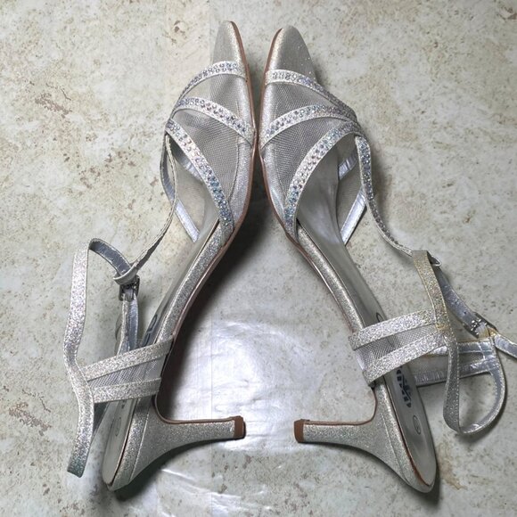 Silver Glitter Rhinestone Strappy Heeled Sandals Party Special Occasion - Picture 7 of 9